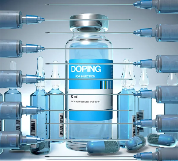 Doping substanser i en injektions flaska, i ampuller och i kapsel form och en injektions spruta – 3D-illustration — Stockfoto