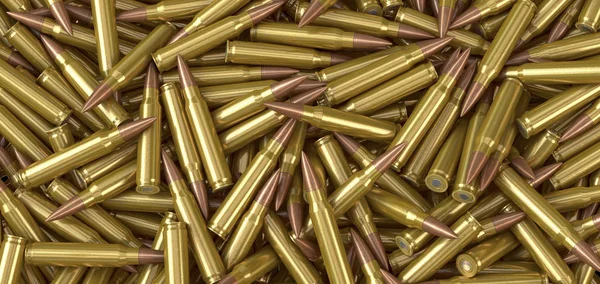 Nato cartuchos de munição metralhadora deitado em uma pilha - ilustração 3d — Fotografia de Stock
