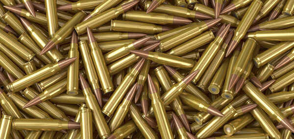 Nato machine gun ammunition cartridges lying on a pile - 3d illustration