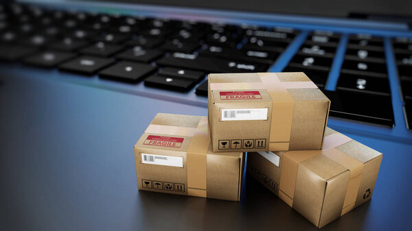 Stack of tree cardboard parcels lying on a notebook - 3d illustr