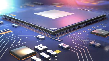Bilgisayar devre kartındaki yarı iletken işlemciyi kapat - 3d illüstrasyon