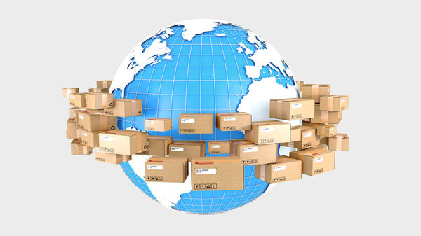 Товары в картонных коробках Велоспорт по всему миру - 3d иллюстрация
