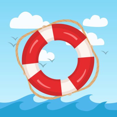 Arka planda deniz ve gökyüzü olan Lifebuoy, vektör çizimi 
