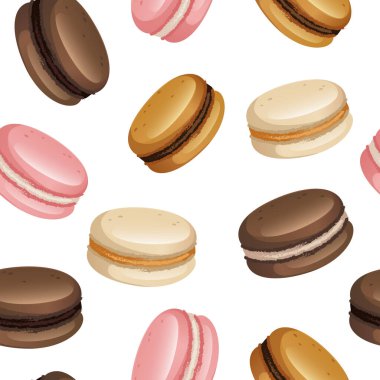 Tatlı Macaroon kurabiyelerinin vektör çizimi, tam çerçeve deseni 