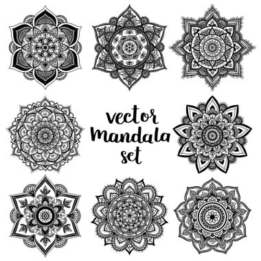 Mandalas illüstrasyon arka planı, siyah ve beyaz vektör kümesi