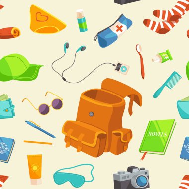 Tatil malzemeleri içeren sırt çantası, vektör illüstrasyonu 