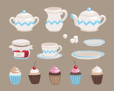 Reçel kavanozlu çay tabağı ve kekler, vektör illüstrasyonu 