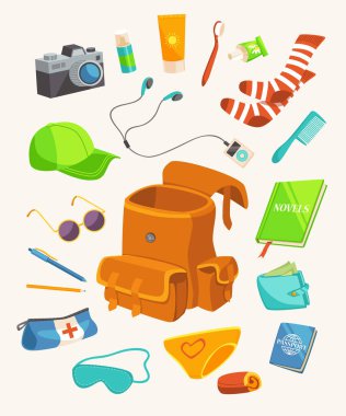 Tatil malzemeleri içeren sırt çantası, vektör illüstrasyonu 