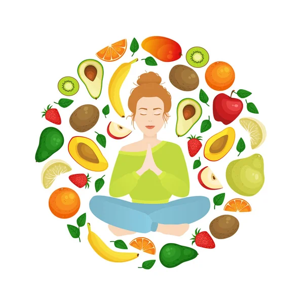 Mulher Meditando Asana Cercada Frutas Ilustração Vetorial — Vetor de Stock