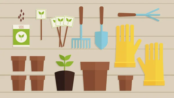 Herramientas Jardinería Macetas Guantes Plantas Ilustración Vectorial — Vector de stock