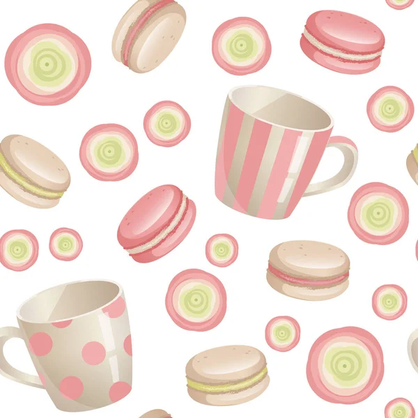 Tatlı Macaroon Kurabiyelerinin Keklerin Çay Fincanlarının Vektör Çizimi — Stok Vektör