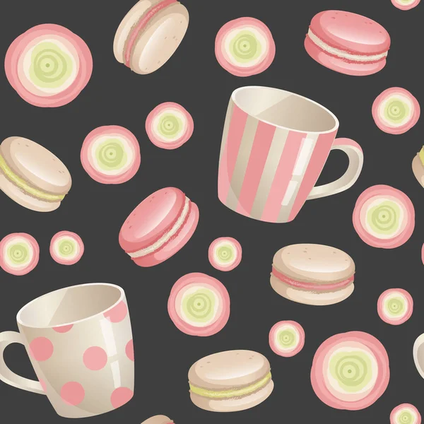 Tatlı Macaroon Kurabiyelerinin Keklerin Çay Fincanlarının Vektör Çizimi — Stok Vektör