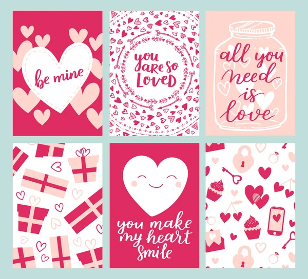 Een Set Wenskaarten Voor Valentijnsdag Vectorverzameling Met Borstelbelettering Handgeschreven Elementen — Stockvector