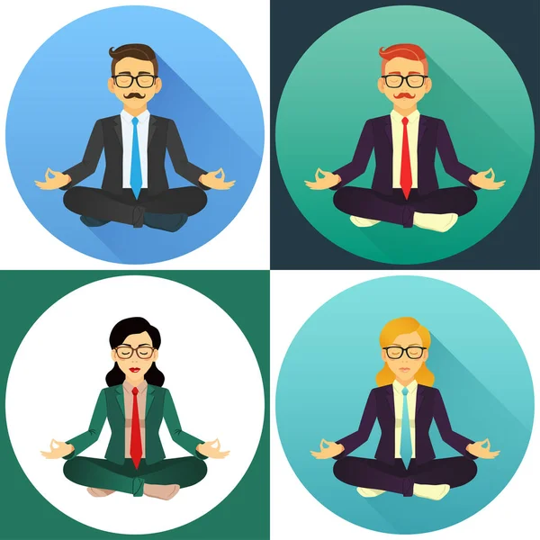 Set Van Zakenmensen Doen Yoga Lotus Pose Meditatie Vector Illustratie — Stockvector