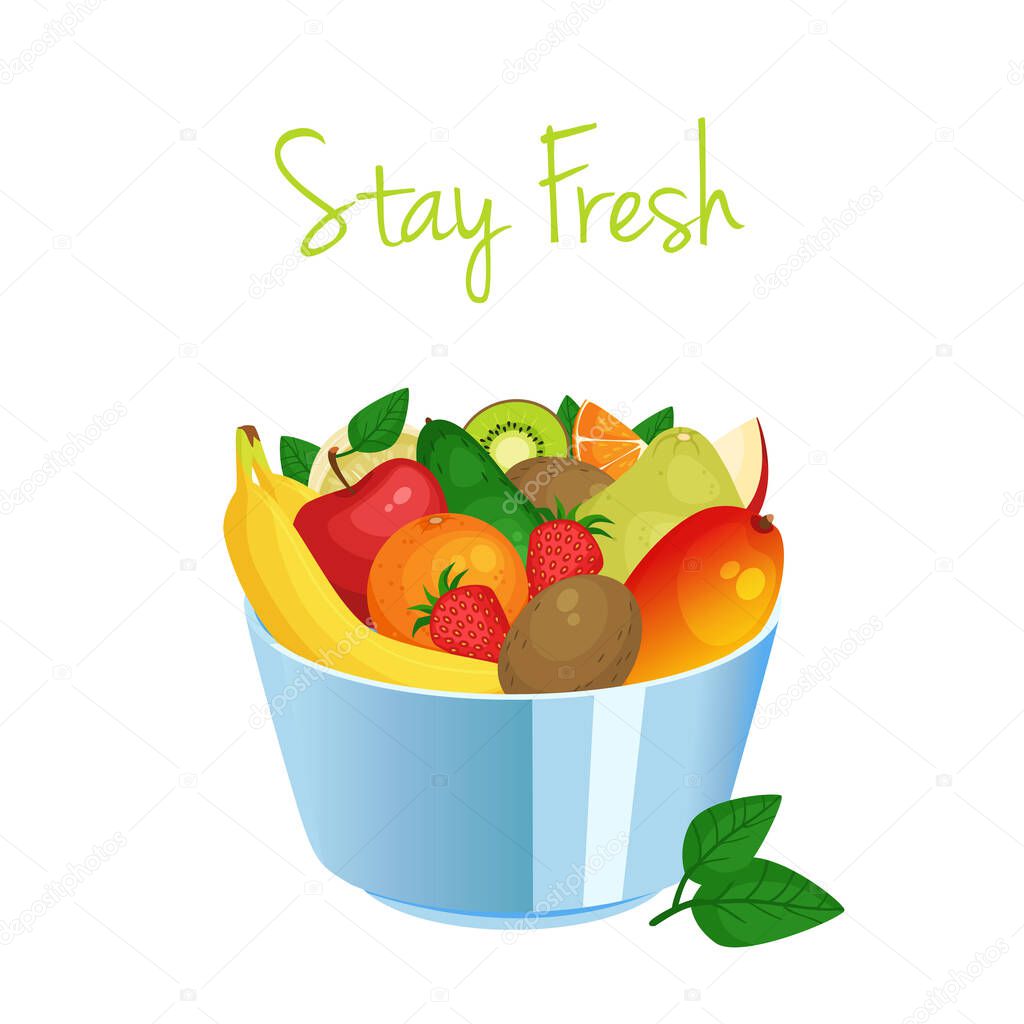 stay fresh lettering and bowl with various fruit, vector illustration 