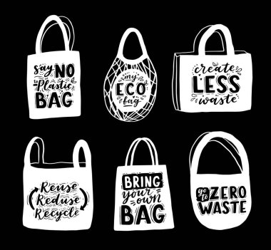 El yazması harflerle çizilmiş çanta. Plastik Özgür Gelecek ve alışveriş ve depolama için bir dizi ürün torbası. Eko mağazası, organik gıda dükkanı, yerel pazar afişi, vejetaryen sitesi için düz stil vektör illüstrasyonu