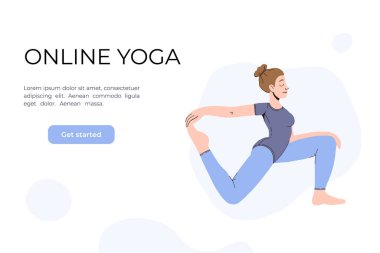 Kız videoda yoga yapıyor. Yoga dersleri çevrimiçi. Düz bir şekilde vektör illüstrasyonu. Asya 'daki kadın. Online yoga kurslarının web sitesi tasarımı. Tarafsız renkler.