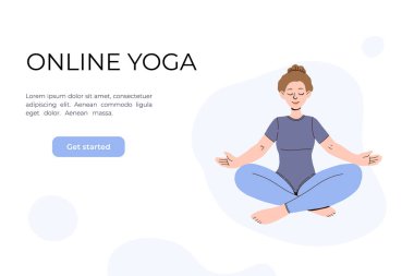 Kız videoda yoga yapıyor. Yoga dersleri çevrimiçi. Düz bir şekilde vektör illüstrasyonu. Lotus pozunda oturan kadın. Online yoga kurslarının web sitesi tasarımı. Tarafsız renkler.