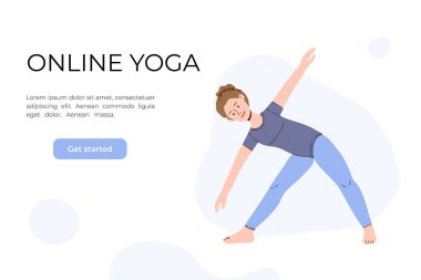Kız videoda yoga yapıyor. Yoga dersleri çevrimiçi. Düz bir şekilde vektör illüstrasyonu. Asya 'daki kadın. Online yoga kurslarının web sitesi tasarımı. Tarafsız renkler.