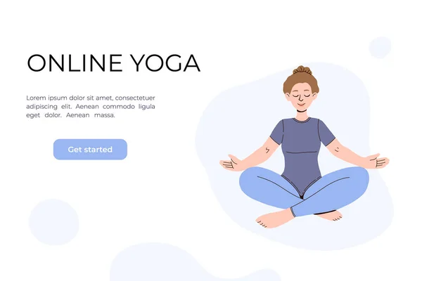 La chica hace yoga en el video. Clases de yoga online. Ilustración vectorial en estilo plano. Mujer sentada en una pose de loto. Concepto para diseño web de cursos de yoga en línea. Colores neutros . — Vector de stock