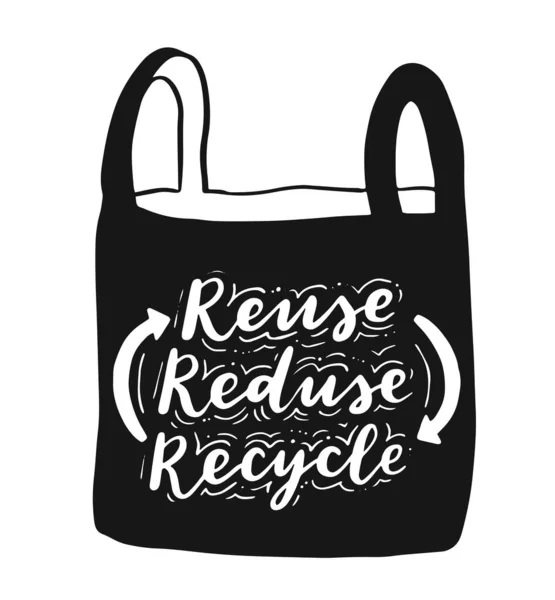 Sacola com letras desenhadas à mão. Plastic Free Future e conjunto de sacos de produtos para compras, armazenamento. Ilustração vetorial de estilo plano para loja ecológica, loja de alimentos orgânicos, banner do mercado local, site vegan — Vetor de Stock