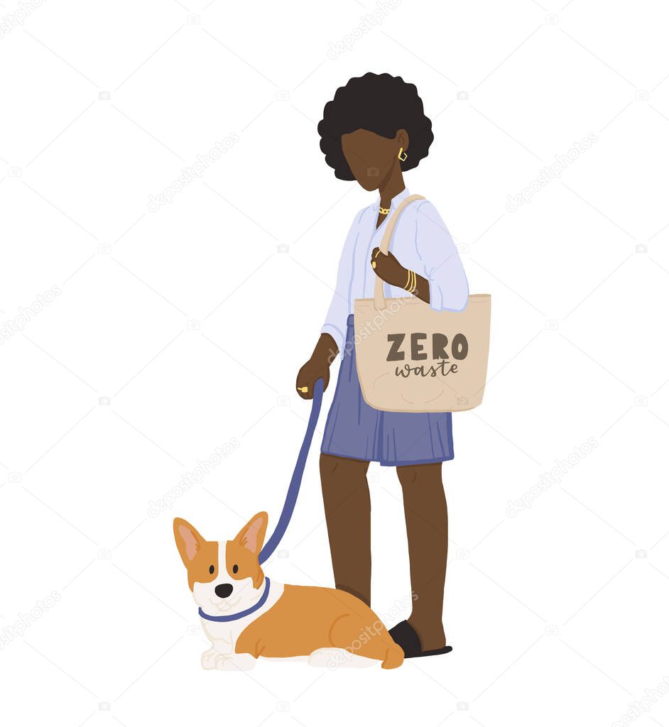Zero waste life style. Cartoon woman with corgi, with natural eco products in linen bag and a string bag, shopping with zero pollution, concept healthy lifestyle isolated on white background