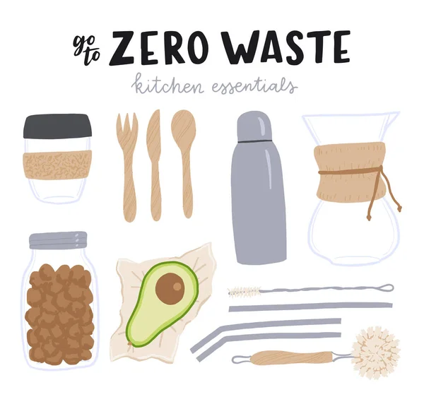 Sett med tegneserieutstyr og bryggerier med inskripsjonen Zero Waste Kitchen Essentials. Gjenbrukbare kjøkkenartikler framstilt av naturlige biologisk nedbrytbare materialer. Oppbevares i miljøbutikken – stockvektor