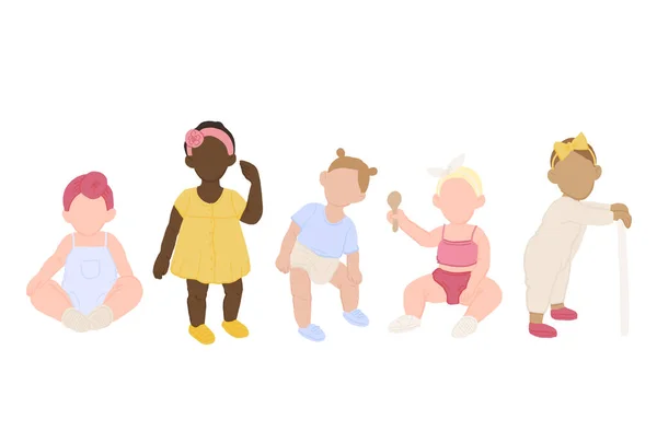 Vielrassige Kleinkinder, kleine Mädchen verschiedener Rassen. Süße Mode süßes, glückliches und gesundes Baby im Alter von 12 bis 36 Monaten, das hübsche Kleidung trägt. Cartoon-Illustration im Vektor-Stil — Stockvektor