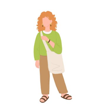 Sıfır yaşam tarzı. Keten çanta içinde doğal ekolojik ürünleri olan çizgi film kadınları, sıfır kirlilikte alışveriş, beyaz arka planda izole edilmiş konsept sağlıklı yaşam tarzı