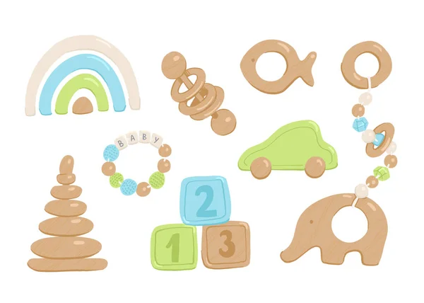Collection de jouets en bois vectoriel plat pour bébés et tout-petits. Dessin animé de style simple pastel images colorées d'éléphant enfant, voiture, hochets, sucettes, arc-en-ciel et trieuses. Accessoires Montessori — Image vectorielle