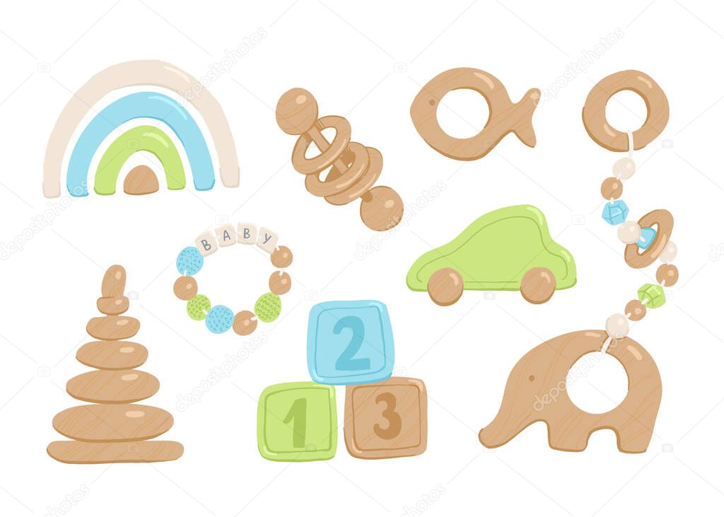 Collection of flat vector wooden toys for babies and toddlers. Cartoon simple style pastel colorful images of child elephant, car, rattles, pacifiers, rainbows and sorters. Montessori accessories