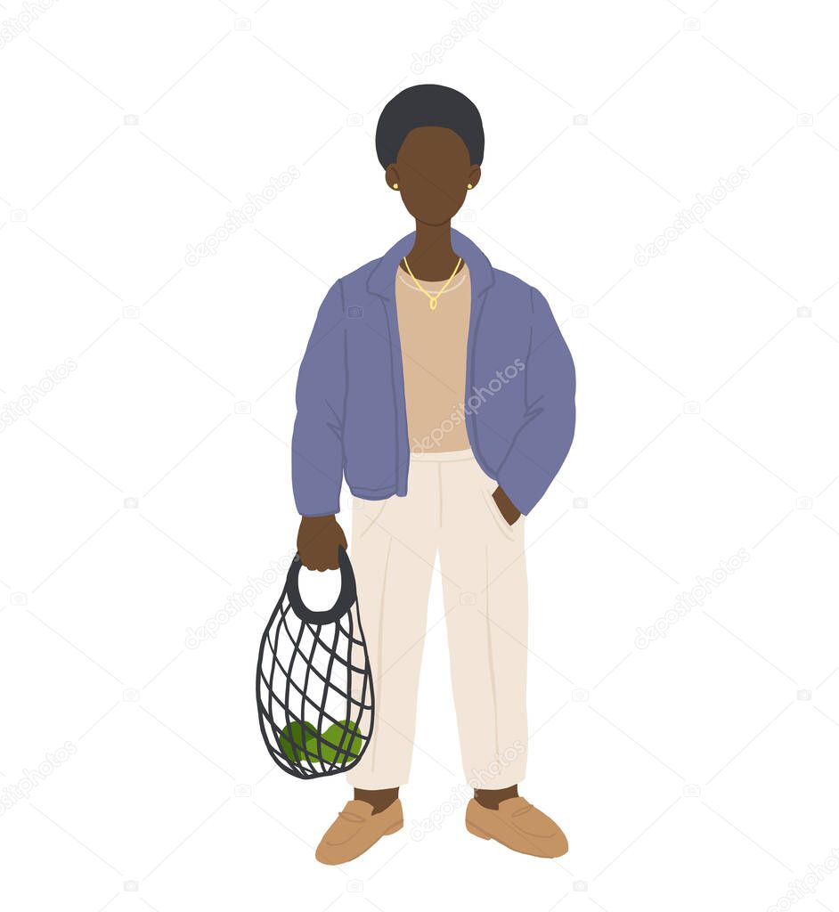 Zero waste life style. Cartoon people with natural eco products in linen bag and a string bag, shopping with zero pollution, concept healthy lifestyle isolated on white background