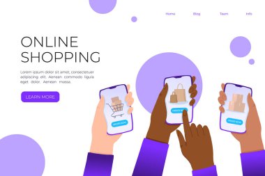 Çok ırklı Eller akıllı telefonu elinde tutuyor ve ekranda düzen düğmesi var. E-ticaret düz tasarım konsepti. Çevrimiçi satın alma için cep telefonu kullanılıyor. Evden sipariş.