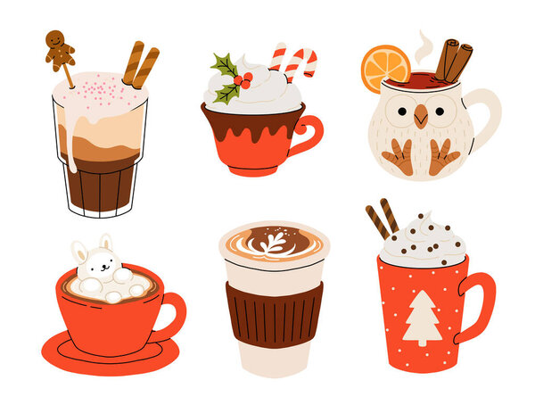Набор напитков на Рождество и Новый год. Кружки и чашки горячего кофе, пунш, какао со взбитыми сливками, зефир и конфетка. Открытки на рождественские, новогодние или зимние праздники.