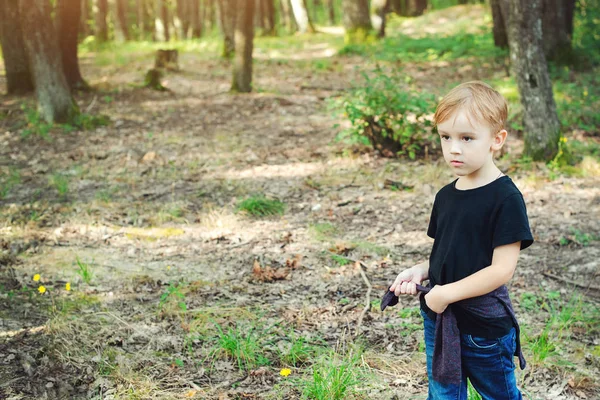 Χαριτωμένο Μικρό Αγόρι Που Παίζει Στην Άγρια Φύση Οικογενειακές Διακοπές — Φωτογραφία Αρχείου