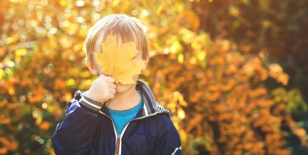 Lustiges Kind Spielt Herbstpark Der Kleine Junge Versteckt Seine Augen — Stockfoto