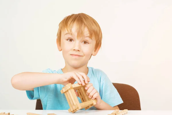 Tahta Bloklar Ile Oynamak Eğlenmek Mutlu Çocuk Çocuk Mantıksal Düşünme — Stok fotoğraf