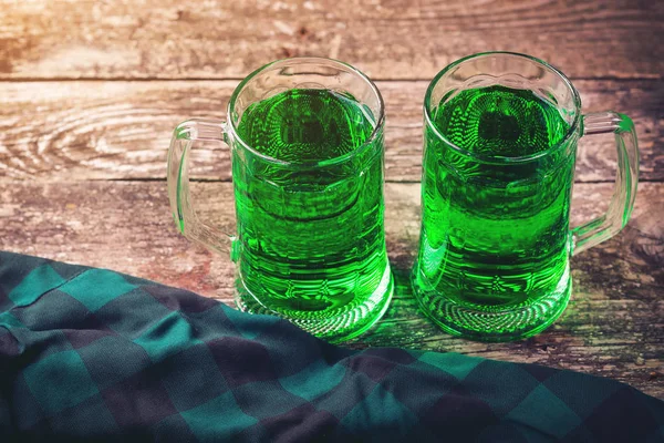 Two Mug Green Beer Rustic Wooden Background — Stock Photo, Image
