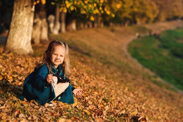 Herfst Gelukkig Babymeisje Speelt Met Gevallen Gouden Bladeren Gelukkige Zorgeloze — Stockfoto