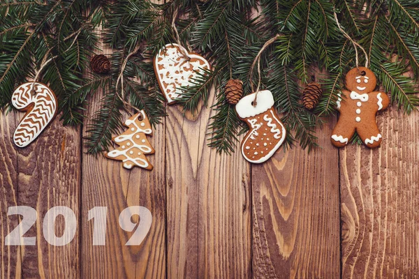 Christmas New Year Decoration Background 2019 New Year Fir Tree — Stock Photo, Image