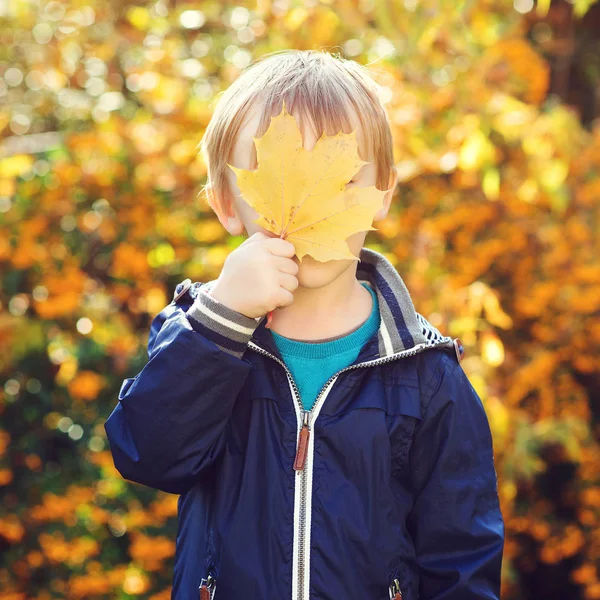 Lustiges Kind Versteckt Sein Gesicht Hinter Gelbem Ahornblatt Herbstzeit Verspielter — Stockfoto