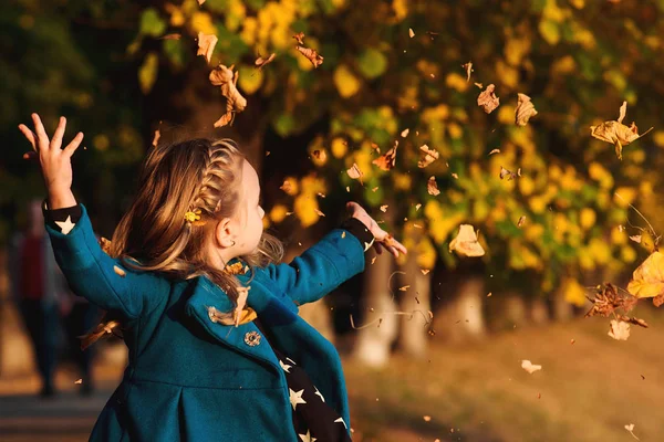 Glückliches Kleines Mädchen Das Mit Herbstblättern Spielt Niedlichen Kind Spaß — Stockfoto