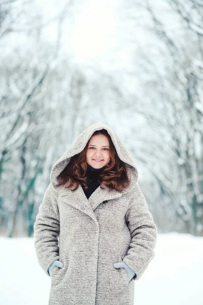 Retrato Invierno Una Joven Atractiva Linda Chica Sonriendo Parque Invierno — Foto de Stock