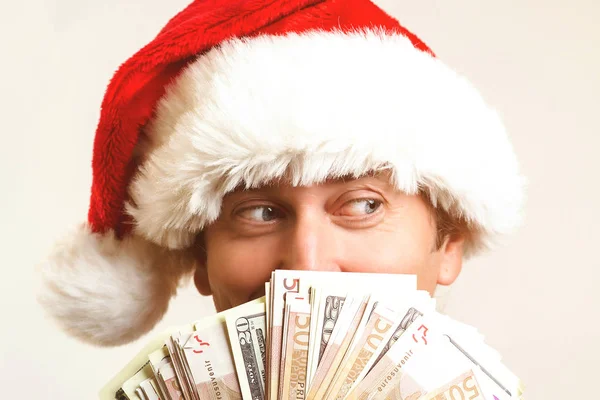 Kerstman Met Dollar Geld Geïsoleerd Wit Kerstmis Feestdagen Winnen Valuta — Stockfoto