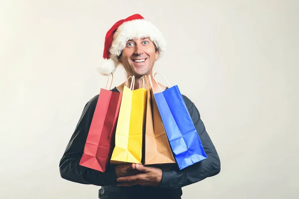 Lycklig Man Shopping Julklappar Christmas Shopping Idé Koncept Mannen Santa — Stockfoto