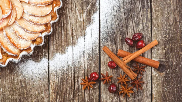 Weihnachtskuchen Traditionelle Urlaub Apfelkuchen Kopierraum Apfelkuchentorte Auf Rustikalem Holzgrund Ansicht — Stockfoto