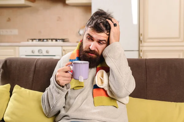 Sick Man Holding Cup Tea Young Man Sweater Scarf Ill — Stock Photo, Image