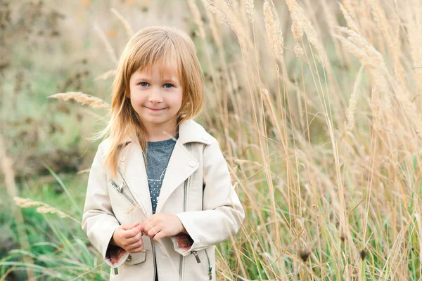 Entzückendes Kleines Mädchen Beim Spazierengehen Lächelnd Modische Kind Der Natur — Stockfoto