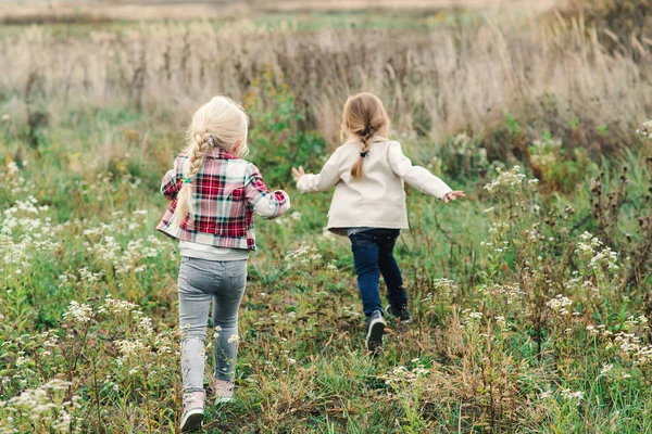 Raparigas Correr Por Prado Irmãs Adoráveis Divertindo Uma Natureza Duas — Fotografia de Stock