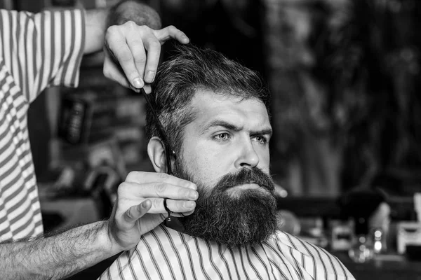 Barber man serving client at barber shop. . Brutal bearded guy viziting hairstylist in barber shop. . Black and white.